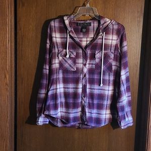 Plaid flannel hooded top